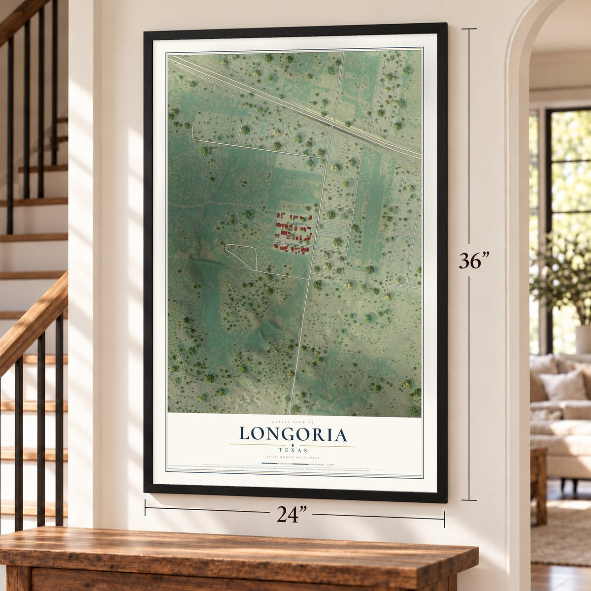 Longoria, Texas map, 24 x 36 inch print in a black frame by a staircase