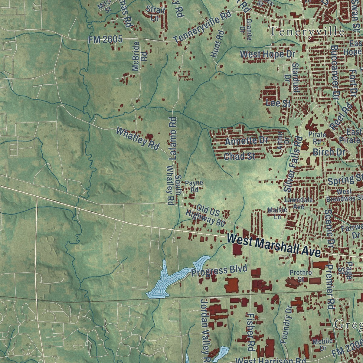Second close-up of the map of Longview, Texas print showing more streets and buildings