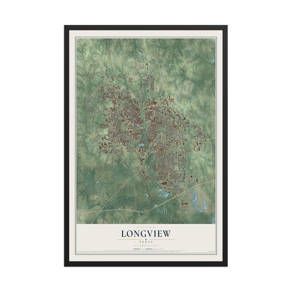 Map of Longview, Texas, 12 x 18 inch print in a black wood frame