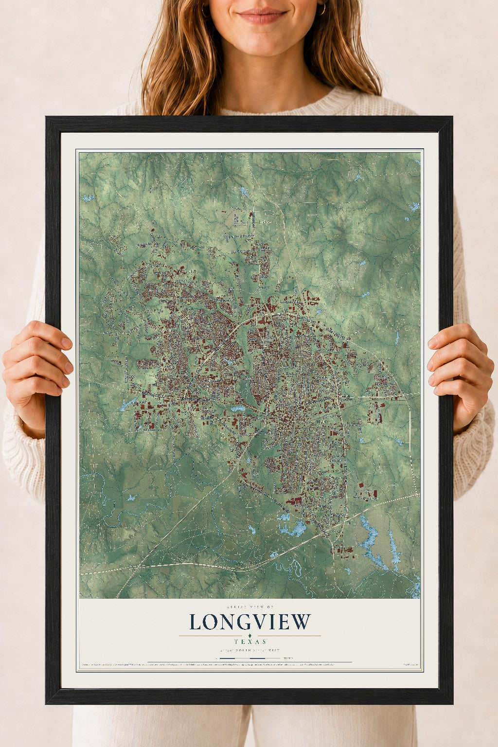 Map of Longview, Texas, 18 x 24 inch print in a black wood frame