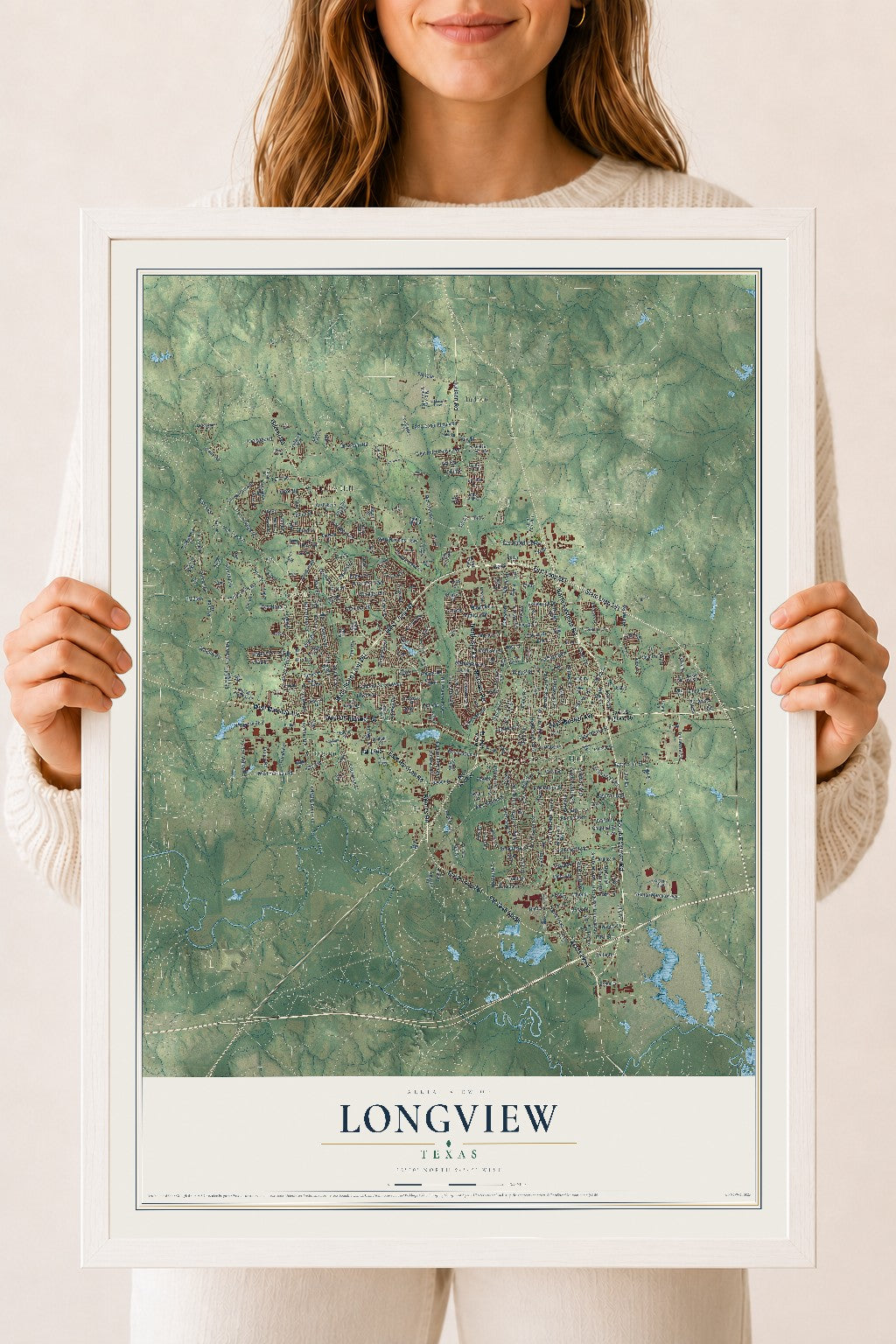 Map of Longview, Texas, 18 x 24 inch print in a white wood frame