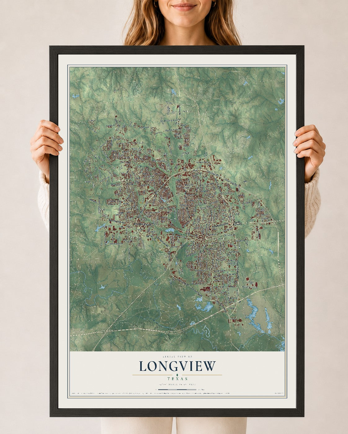 Map of Longview, Texas, 24 x 36 inch print in a black wood frame