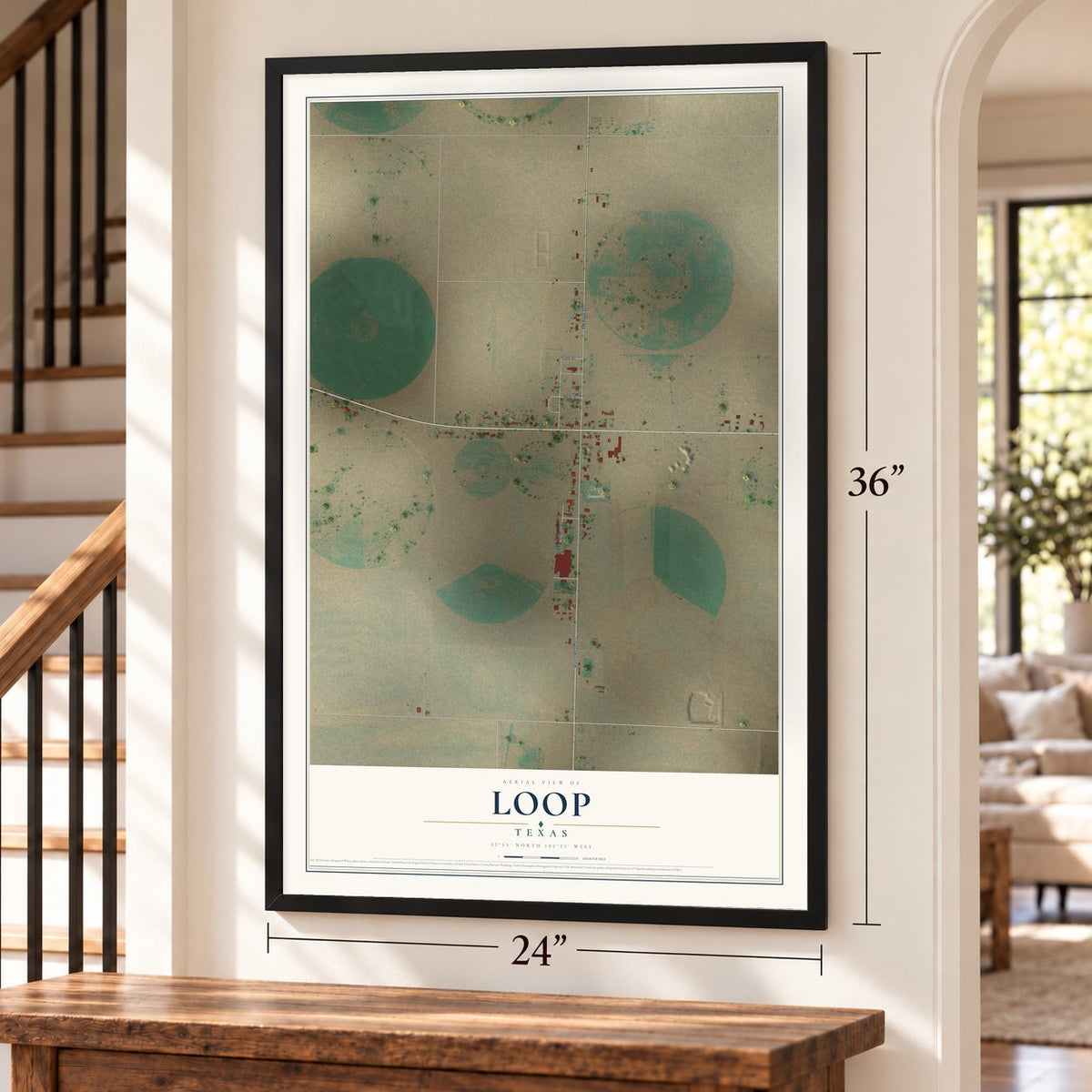 Loop, Texas map, 24 x 36 inch print in a black frame by a staircase