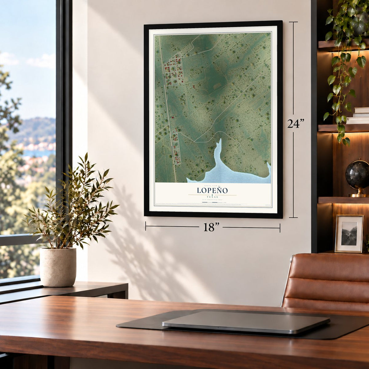 Lopeño, Texas map, 18 x 24 inch print in a black frame in a home office