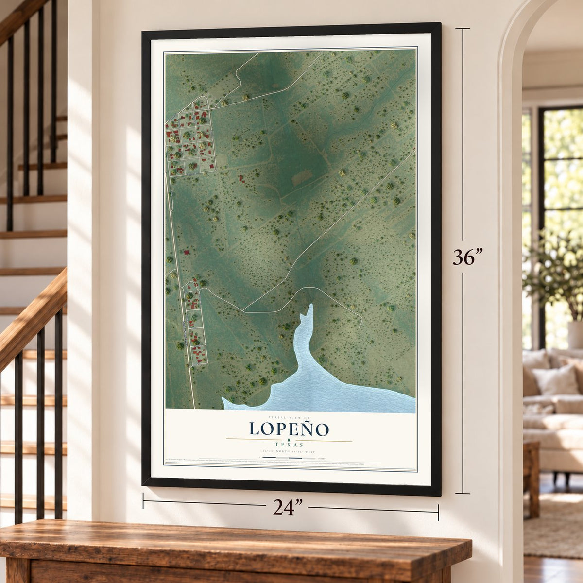 Lopeño, Texas map, 24 x 36 inch print in a black frame by a staircase