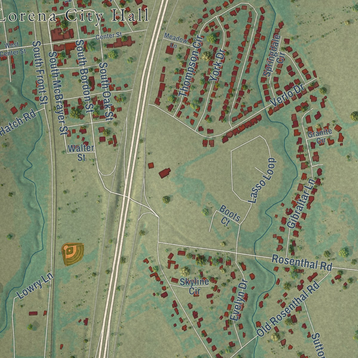 Close-up of the map of Lorena, Texas print showing street and building detail