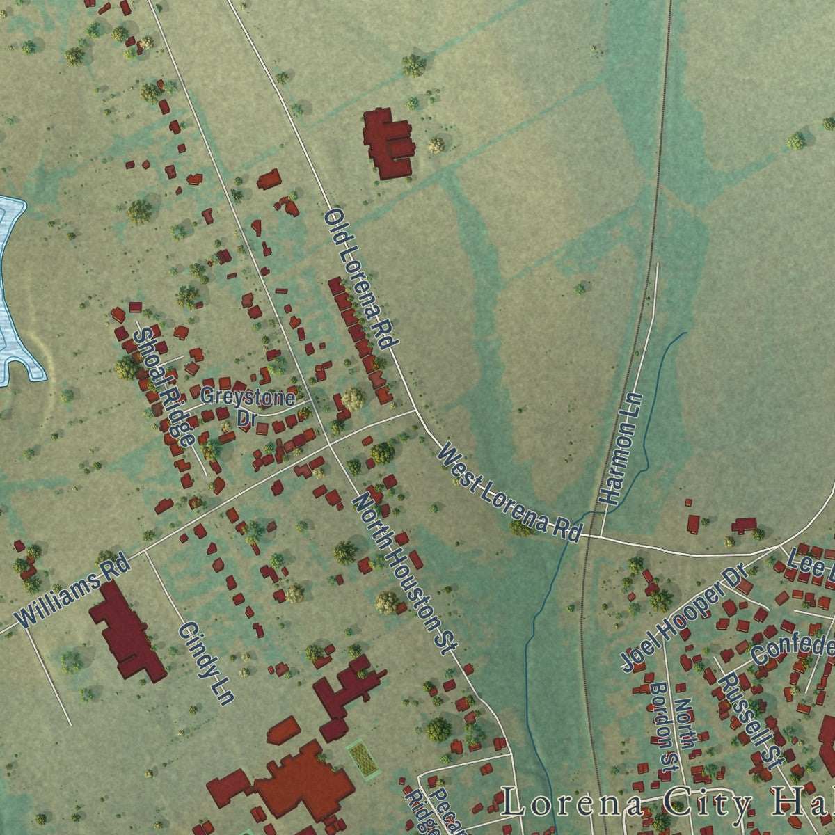 Second close-up of the map of Lorena, Texas print showing more streets and buildings