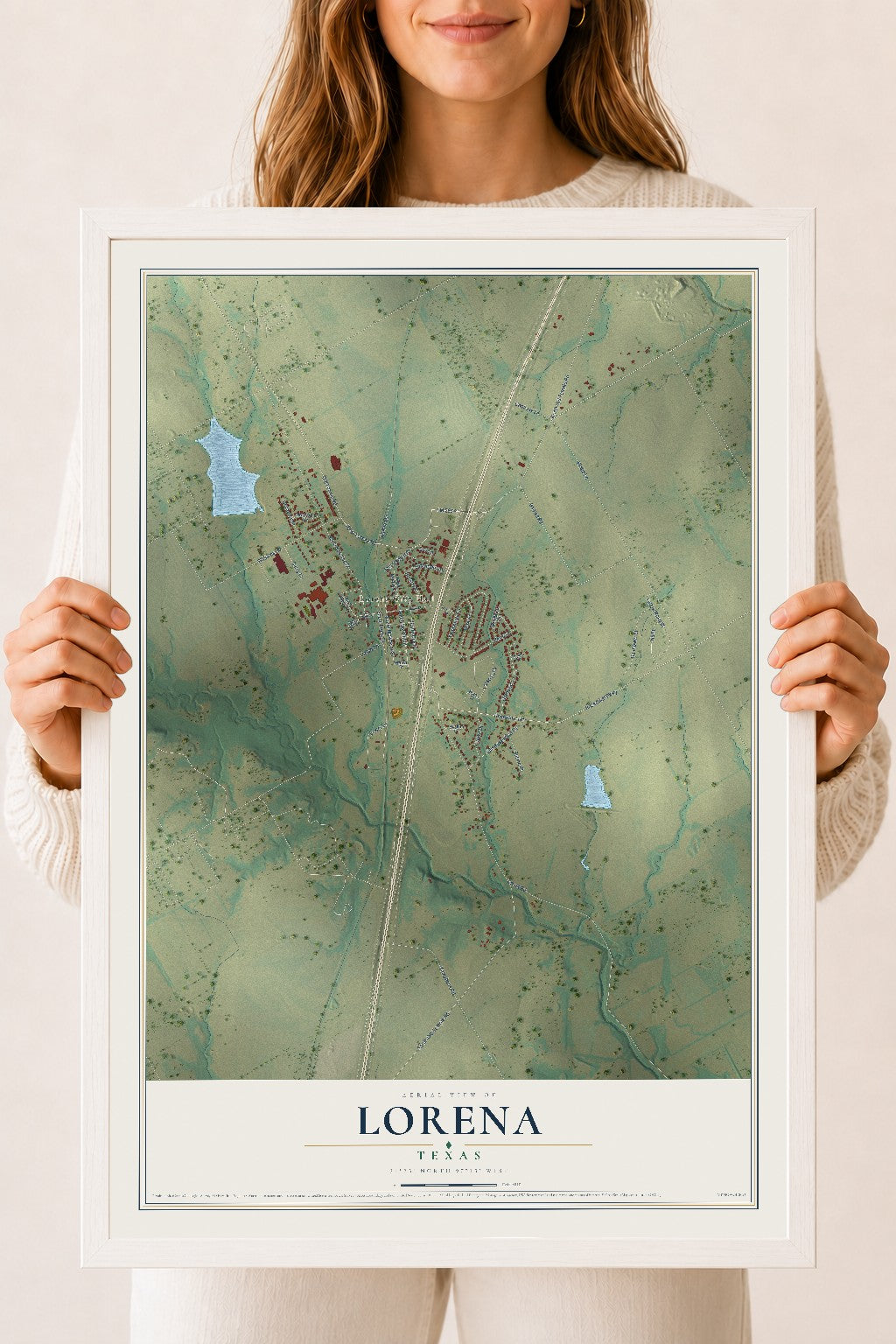 Map of Lorena, Texas, 18 x 24 inch print in a white wood frame