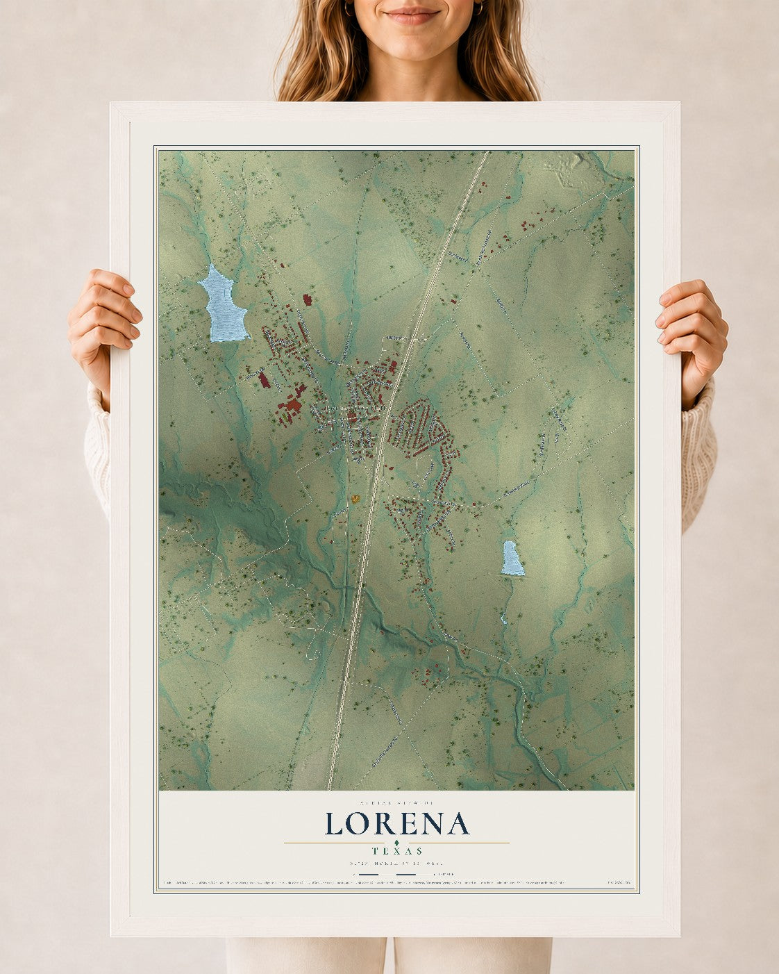 Map of Lorena, Texas, 24 x 36 inch print in a white wood frame