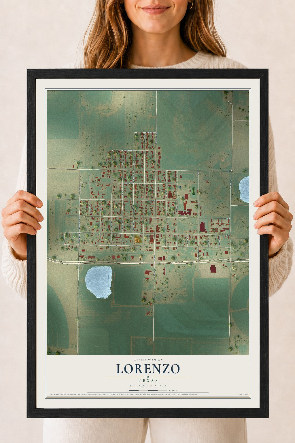 Map of Lorenzo, Texas, 18 x 24 inch print in a black wood frame