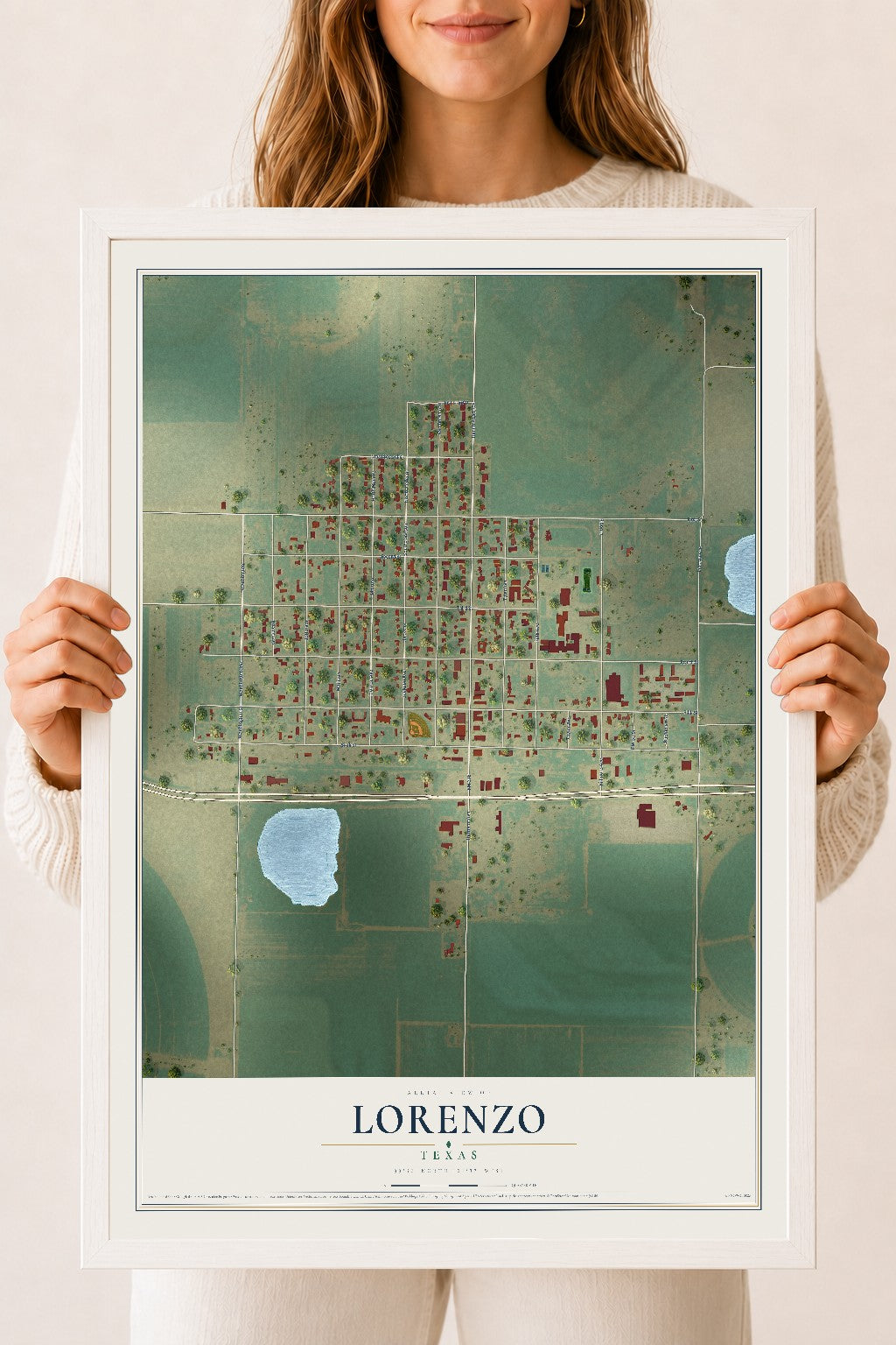 Map of Lorenzo, Texas, 18 x 24 inch print in a white wood frame
