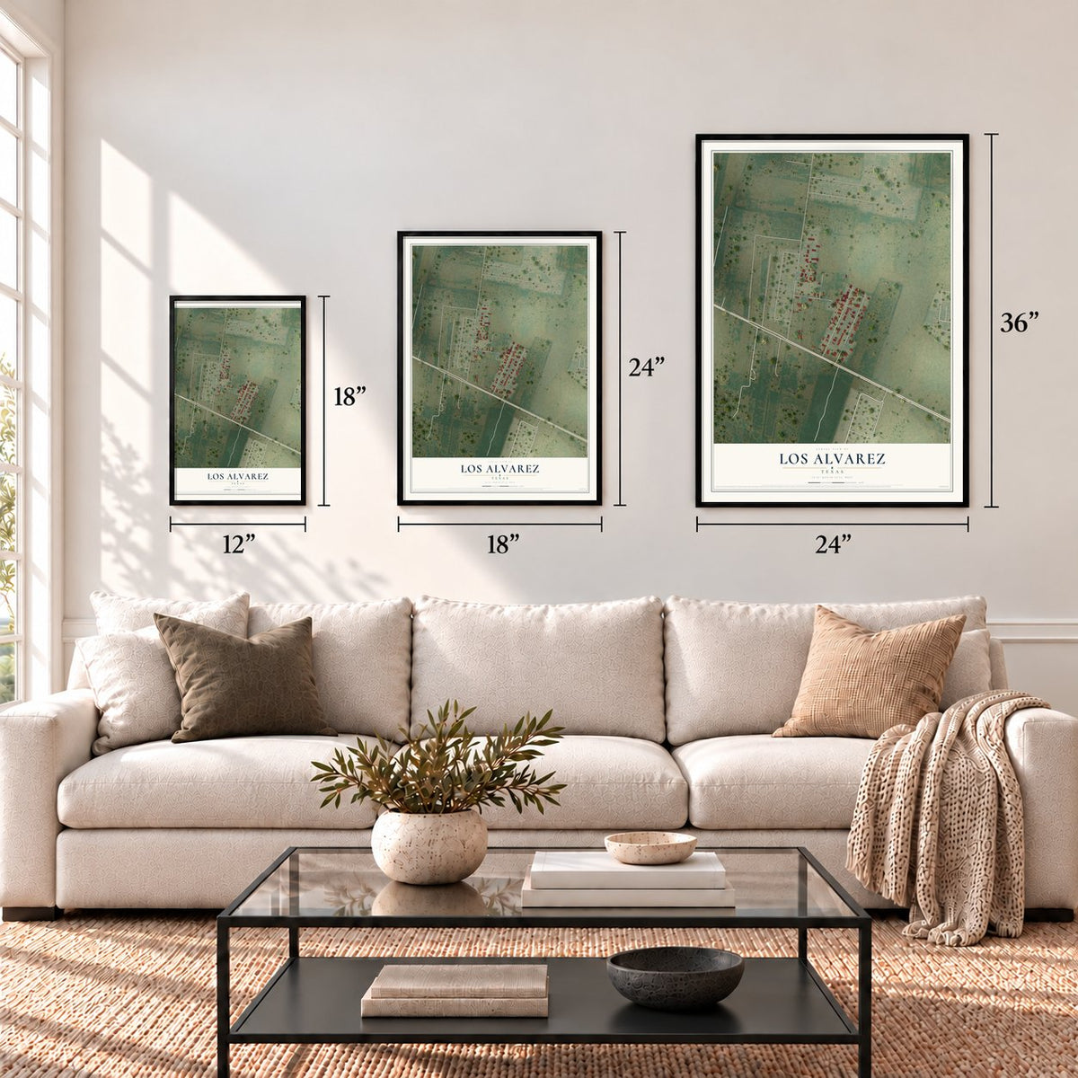 Los Alvarez, Texas map in 12 x 18, 18 x 24 and 24 x 36 inch sizes above a sofa