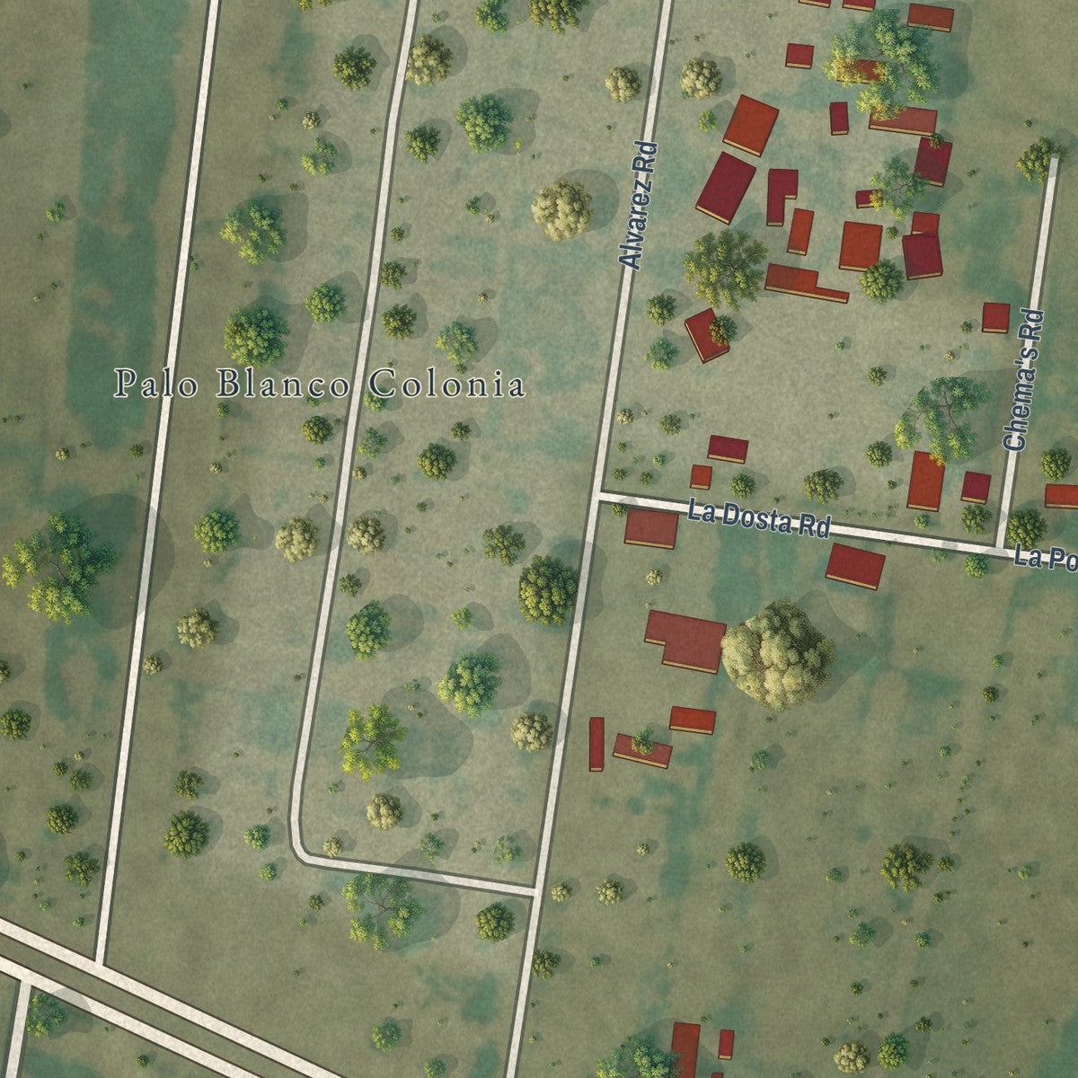 Close-up of the map of Los Alvarez, Texas print showing street and building detail