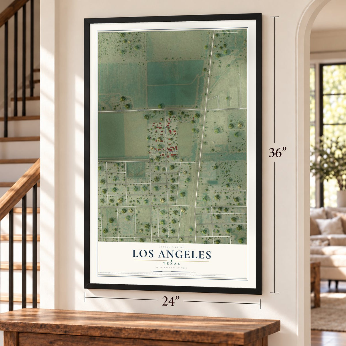 Los Angeles, Texas map, 24 x 36 inch print in a black frame by a staircase