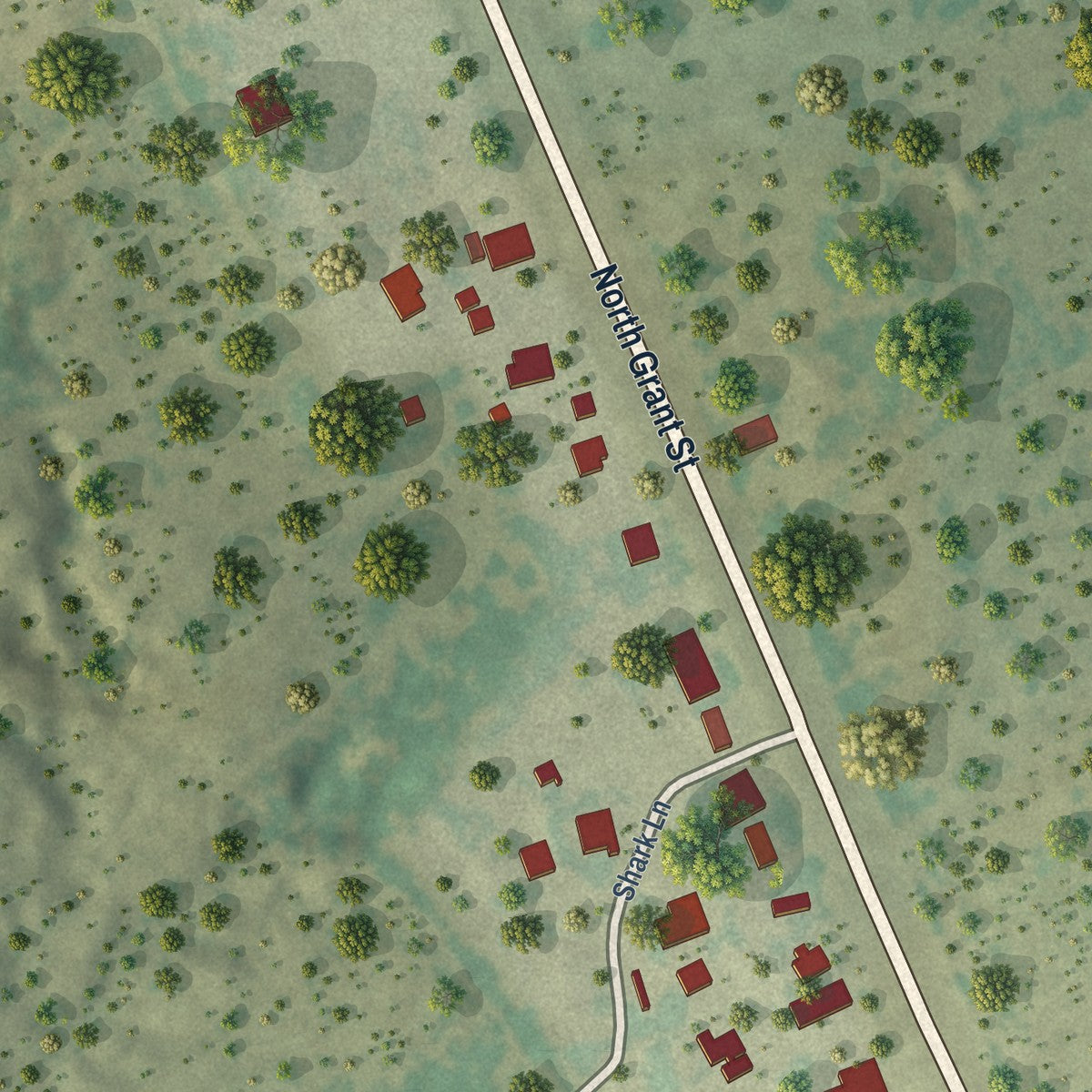 Close-up of the map of Los Arrieros, Texas print showing street and building detail