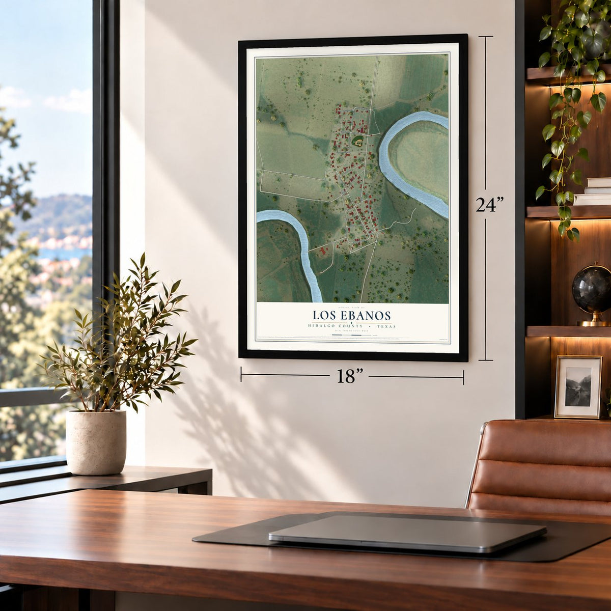 Los Ebanos, Hidalgo County, Texas map, 18 x 24 inch print in a black frame in a home office