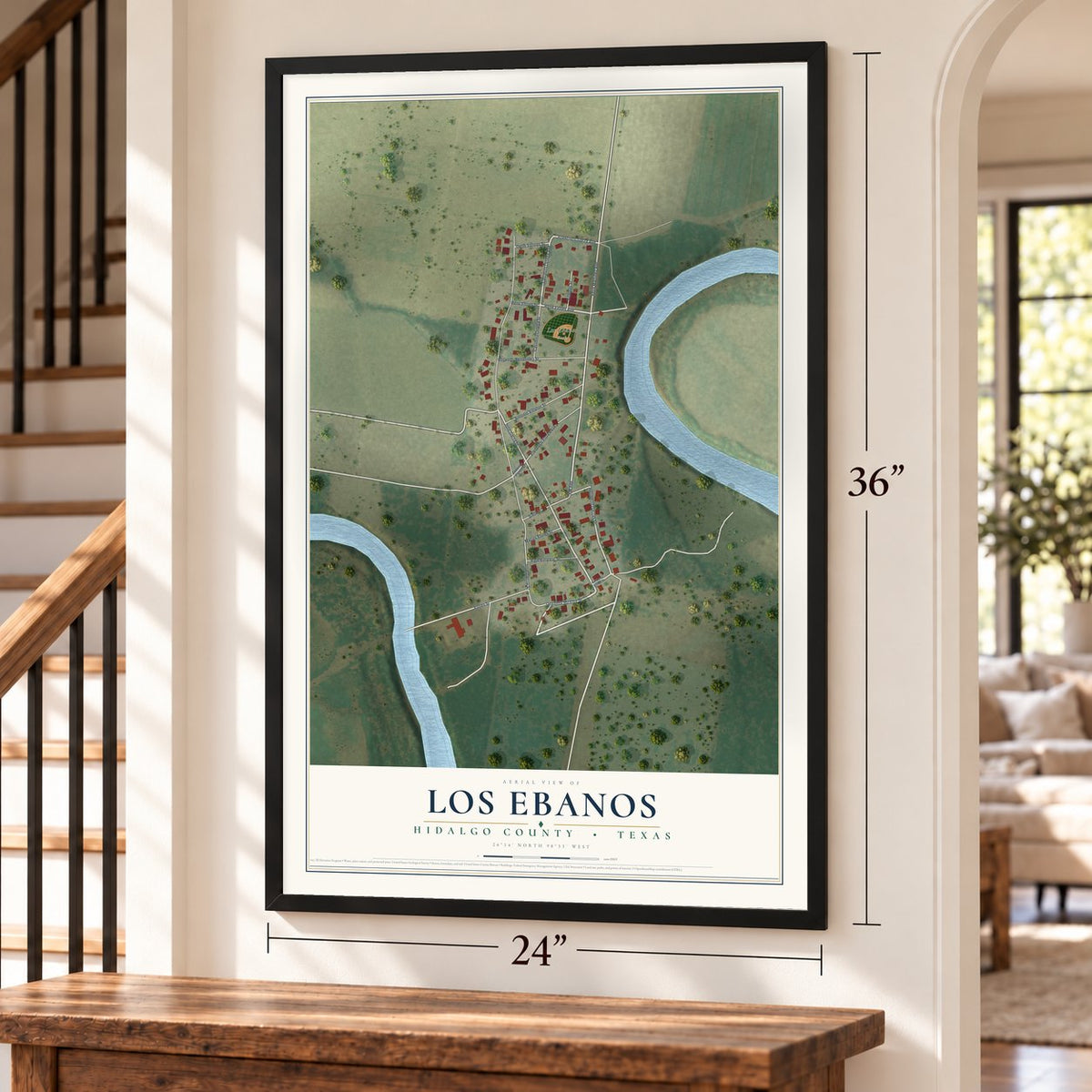 Los Ebanos, Hidalgo County, Texas map, 24 x 36 inch print in a black frame by a staircase
