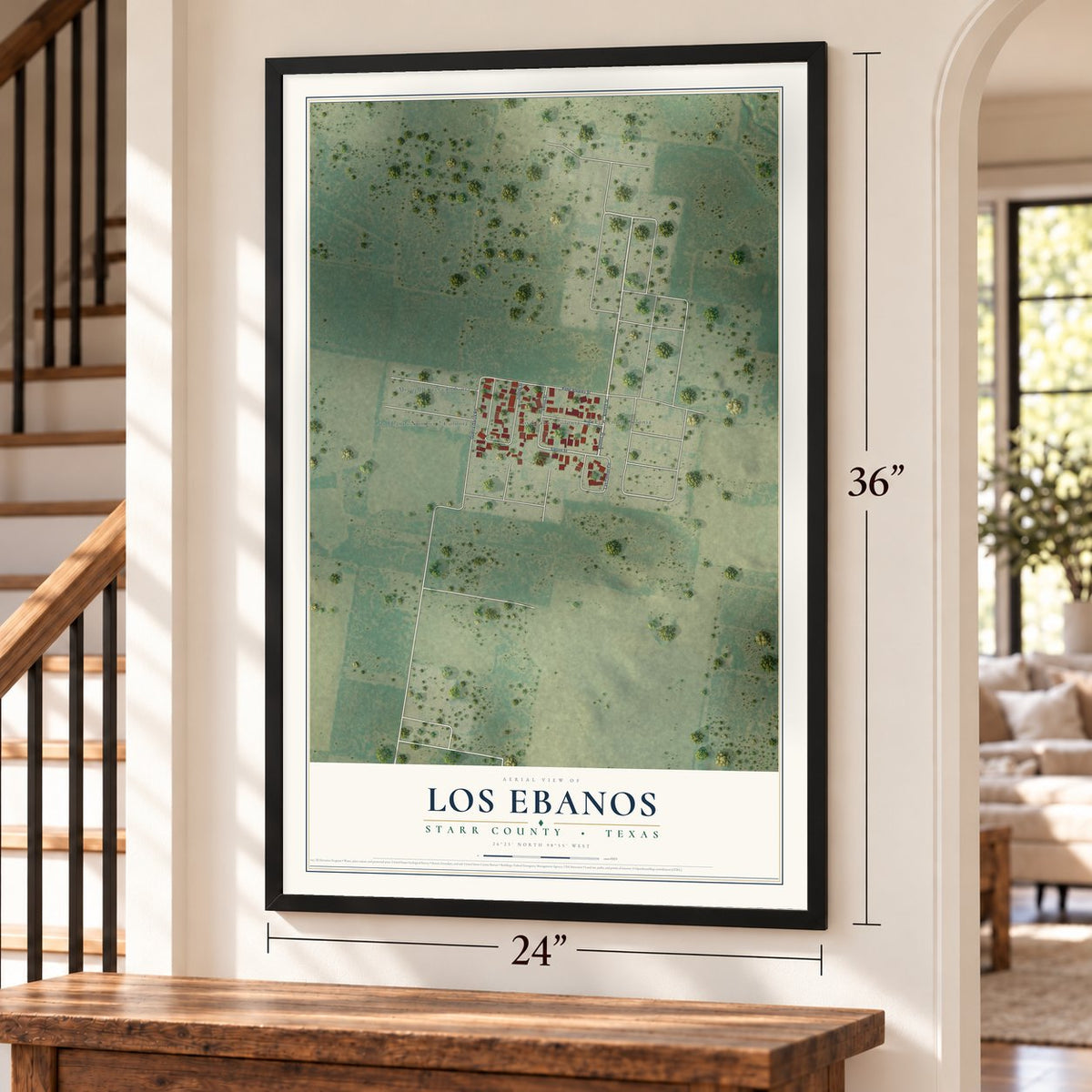 Los Ebanos, Starr County, Texas map, 24 x 36 inch print in a black frame by a staircase