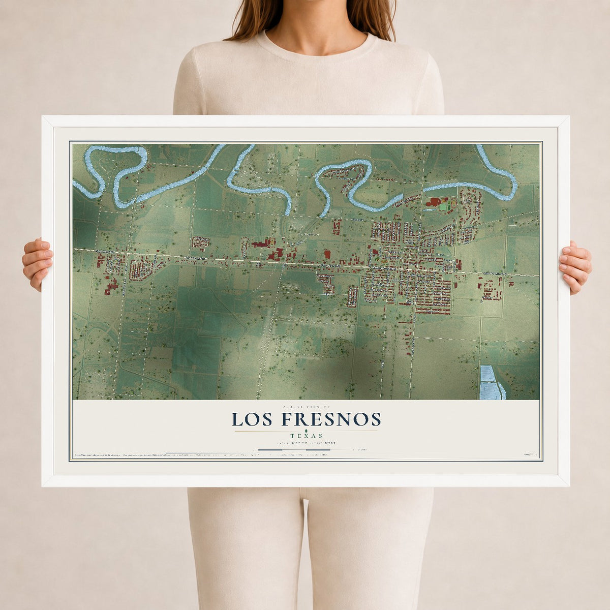 Map of Los Fresnos, Texas, 24 x 36 inch print in a white wood frame