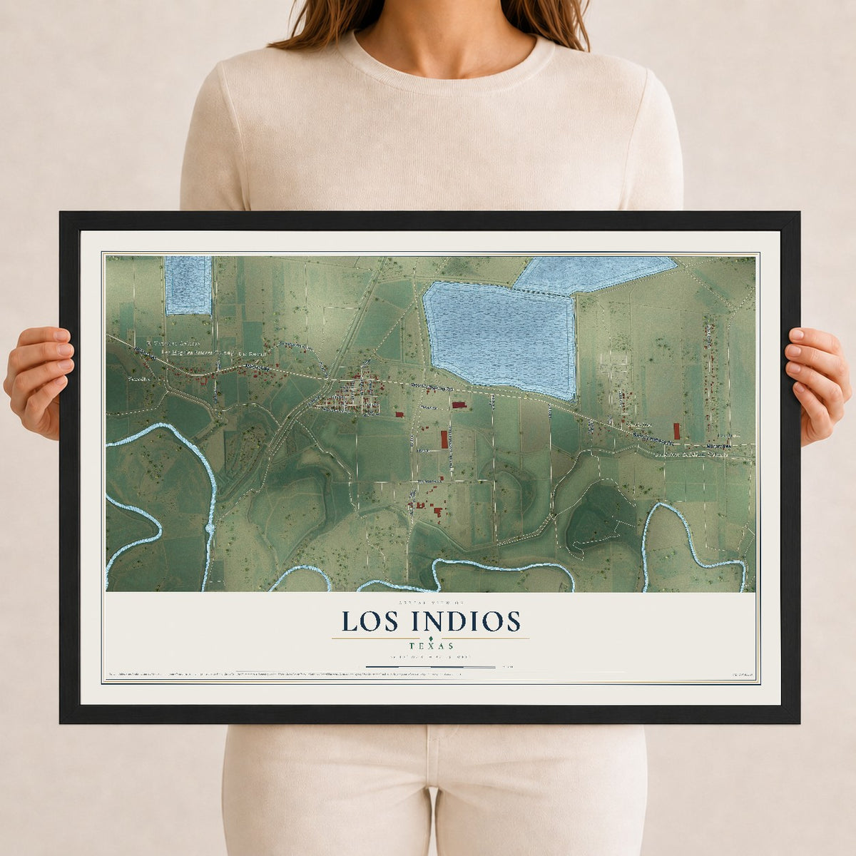 Map of Los Indios, Texas, 12 x 18 inch print in a black wood frame