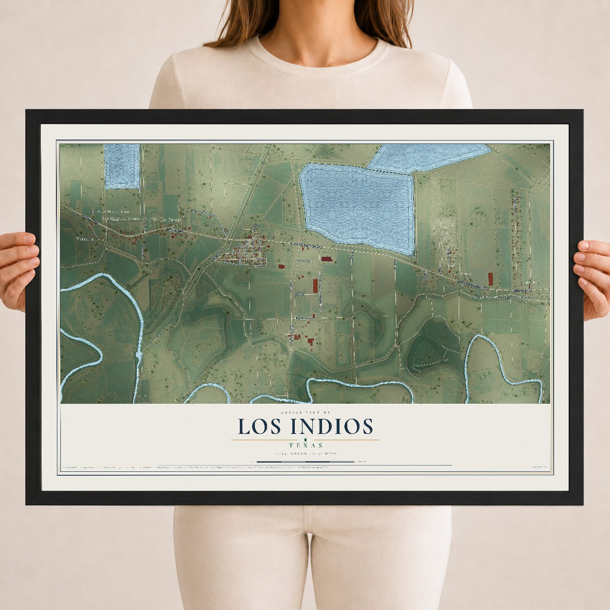 Map of Los Indios, Texas, 18 x 24 inch print in a black wood frame