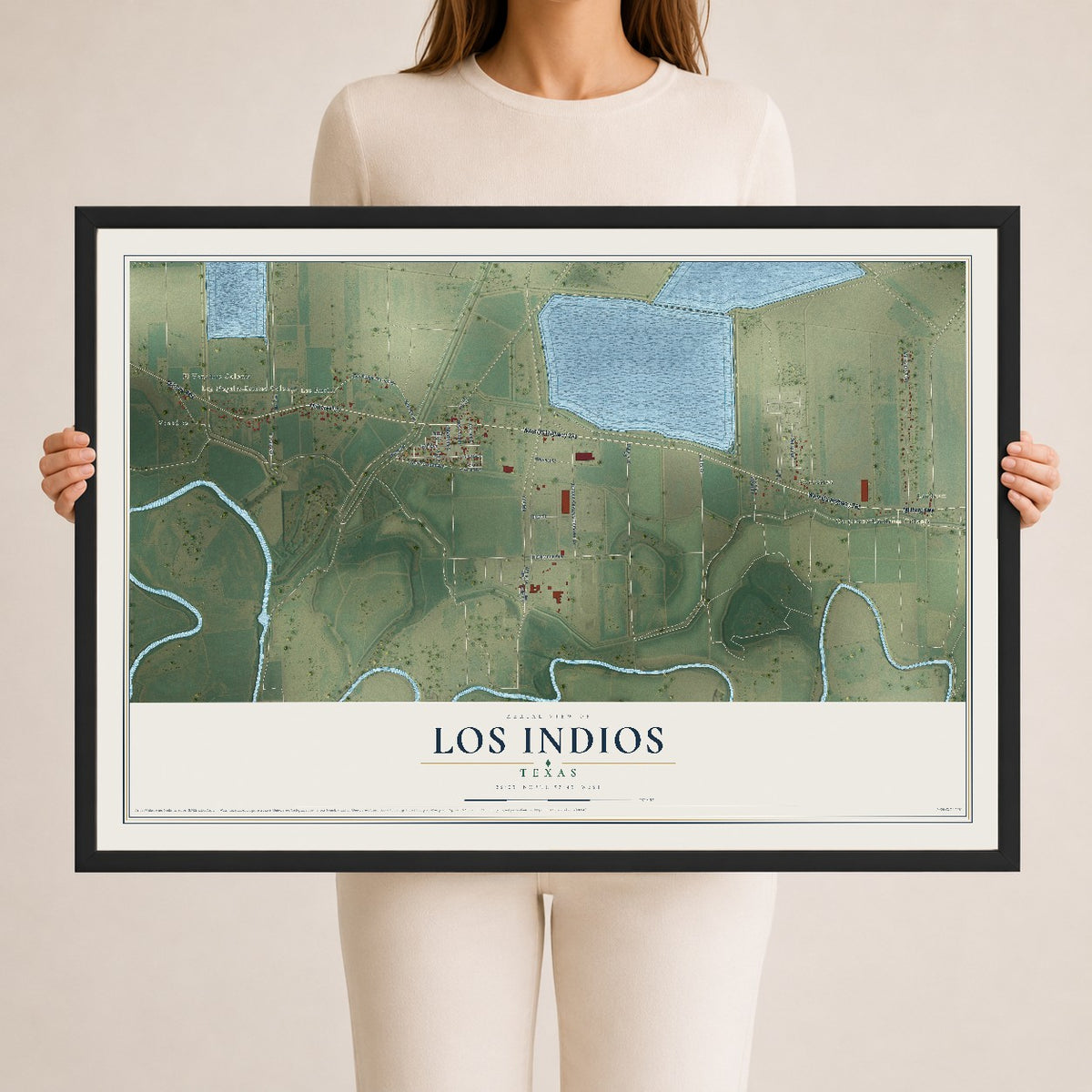 Map of Los Indios, Texas, 24 x 36 inch print in a black wood frame