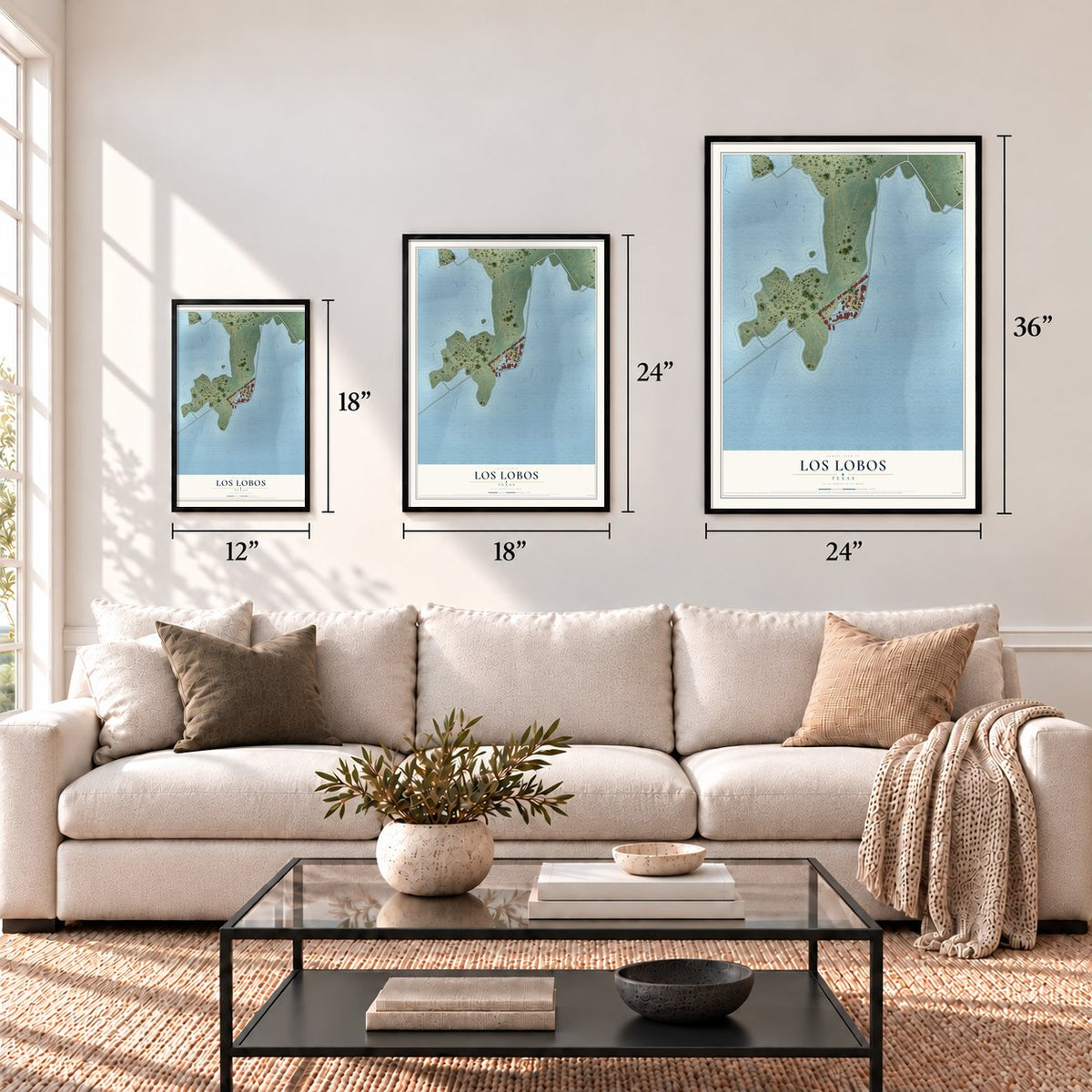 Los Lobos, Texas map in 12 x 18, 18 x 24 and 24 x 36 inch sizes above a sofa
