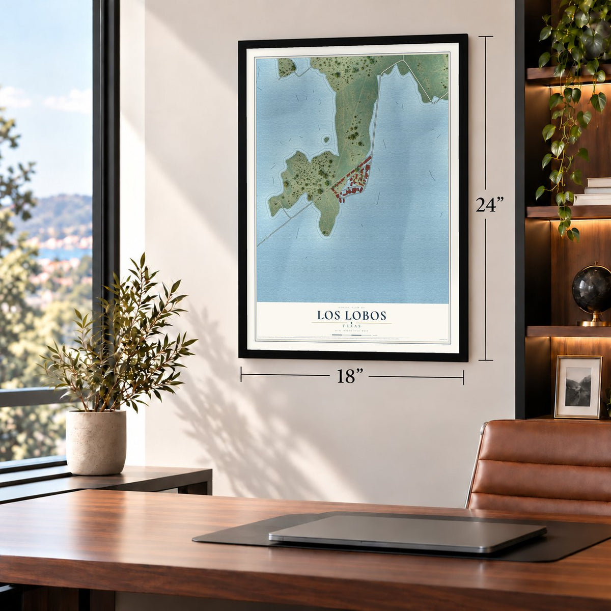 Los Lobos, Texas map, 18 x 24 inch print in a black frame in a home office