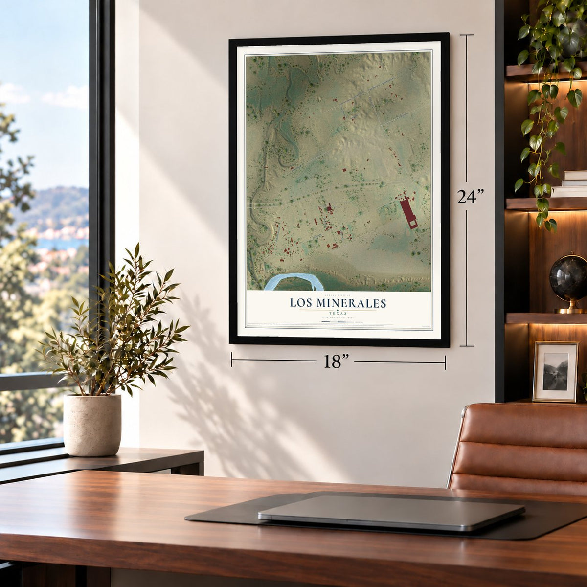 Los Minerales, Texas map, 18 x 24 inch print in a black frame in a home office