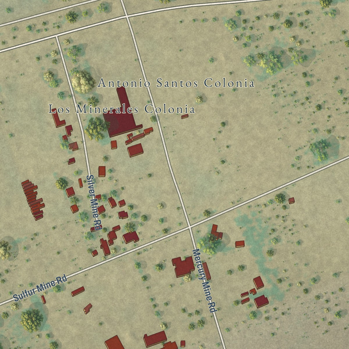 Close-up of the map of Los Minerales, Texas print showing street and building detail