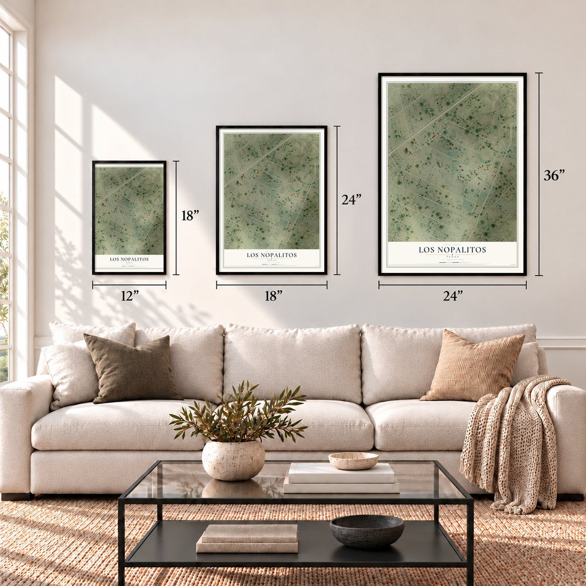 Los Nopalitos, Texas map in 12 x 18, 18 x 24 and 24 x 36 inch sizes above a sofa