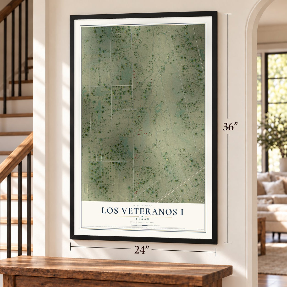 Los Veteranos I, Texas map, 24 x 36 inch print in a black frame by a staircase