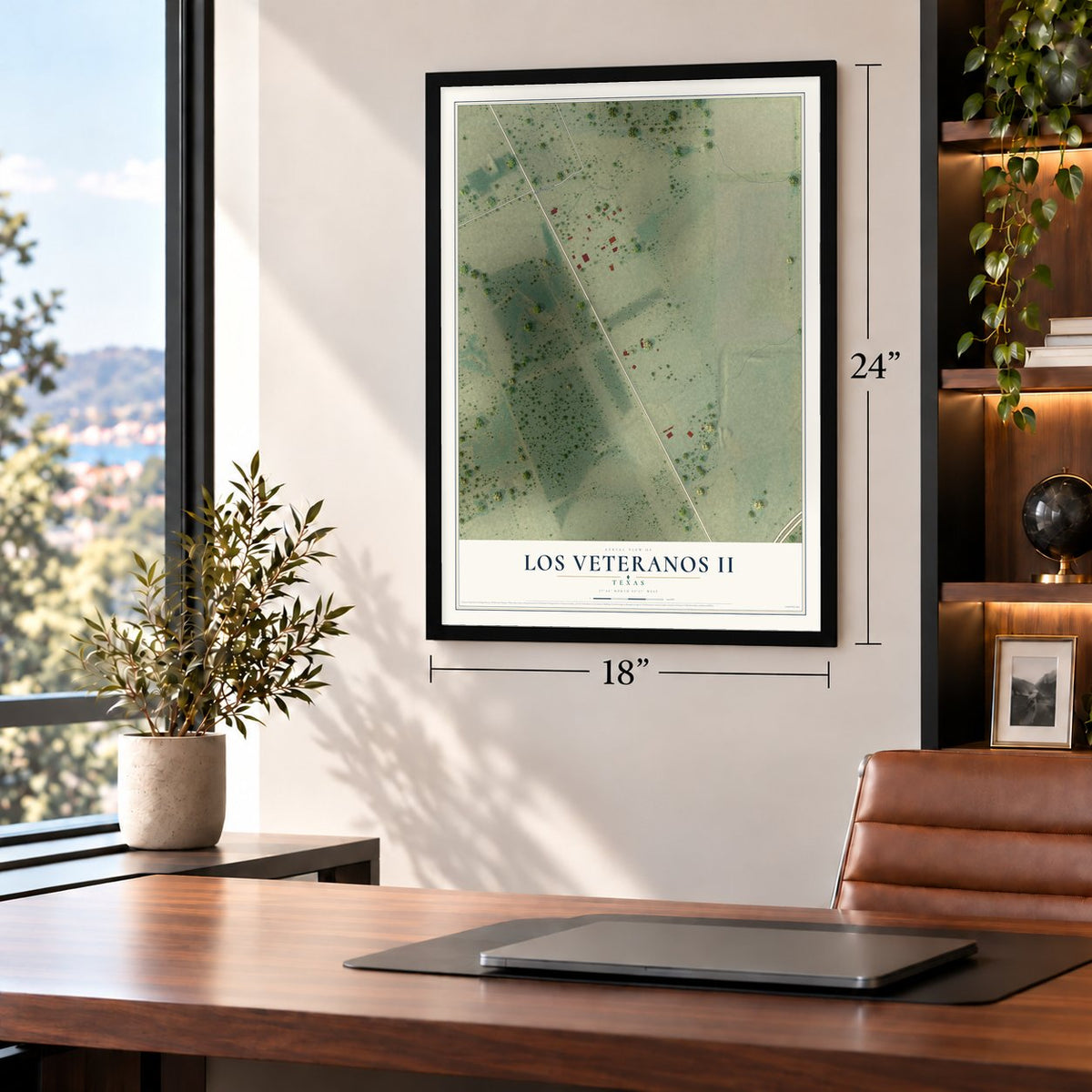 Los Veteranos II, Texas map, 18 x 24 inch print in a black frame in a home office