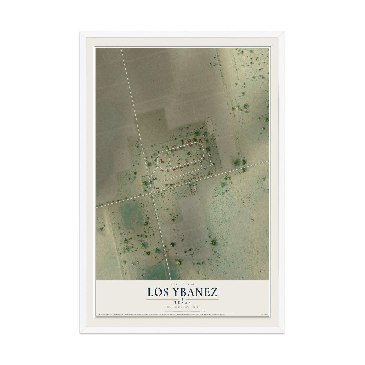 Map of Los Ybanez, Texas, 12 x 18 inch print in a white wood frame