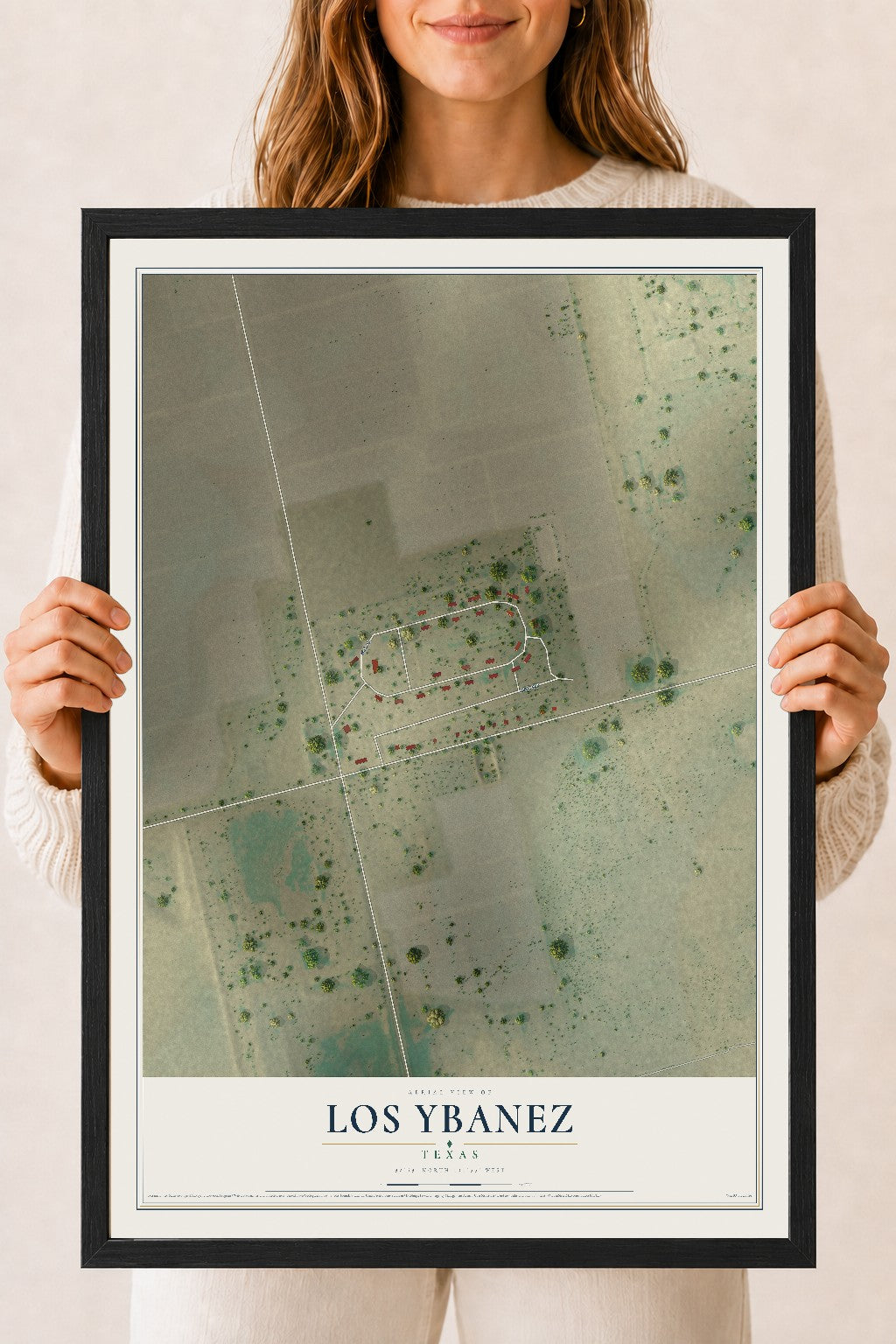 Map of Los Ybanez, Texas, 18 x 24 inch print in a black wood frame