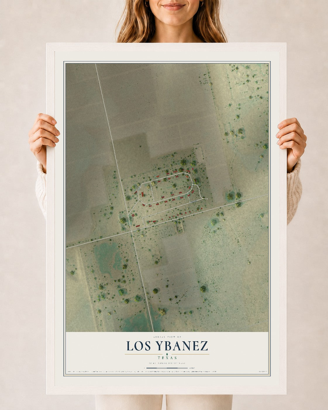 Map of Los Ybanez, Texas, 24 x 36 inch print in a white wood frame