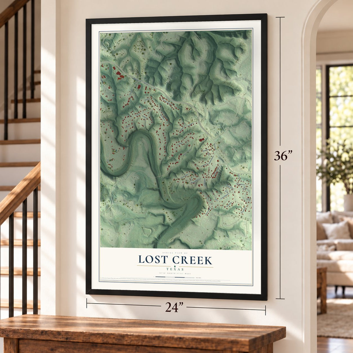 Lost Creek, Texas map, 24 x 36 inch print in a black frame by a staircase