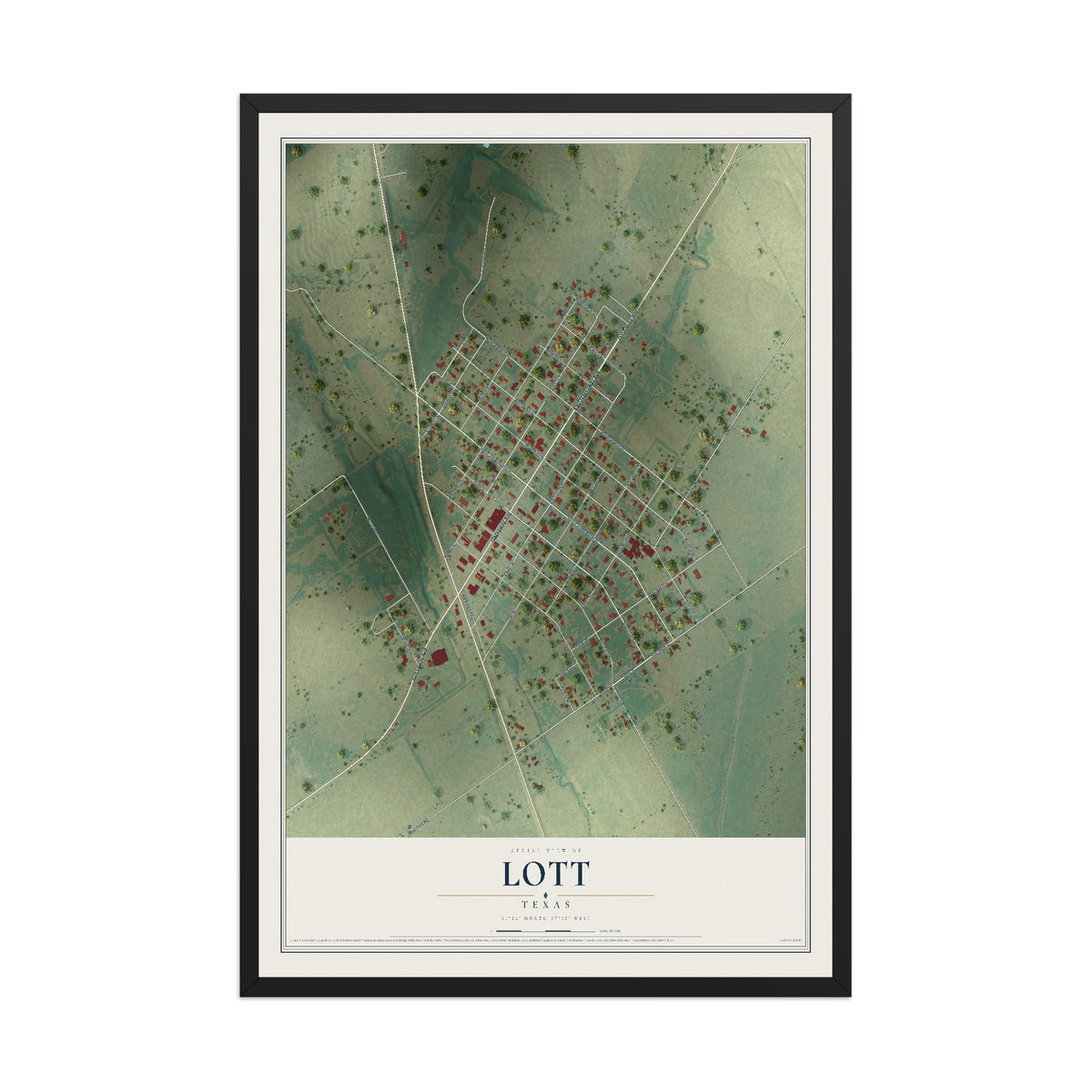 Map of Lott, Texas, 12 x 18 inch print in a black wood frame