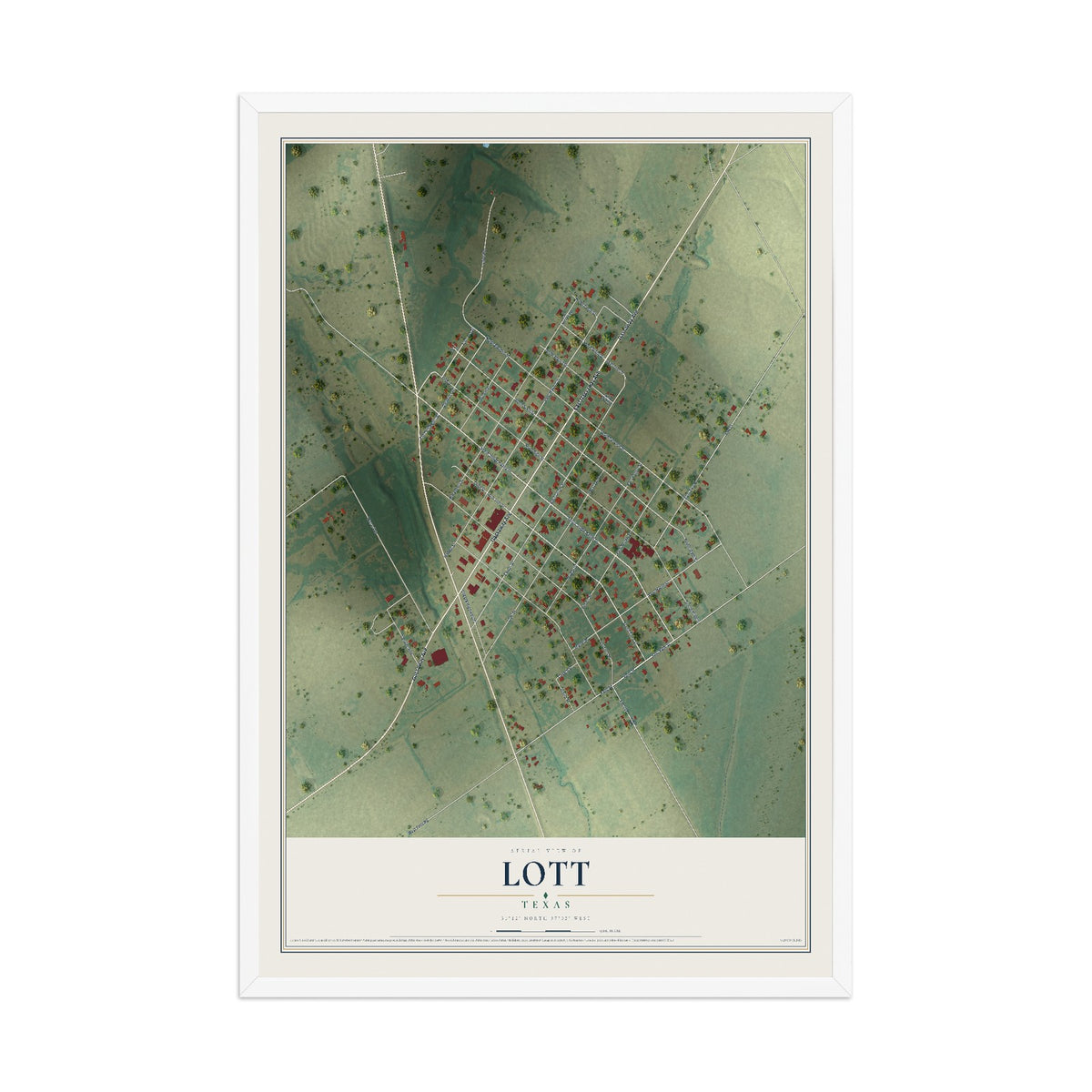 Map of Lott, Texas, 12 x 18 inch print in a white wood frame