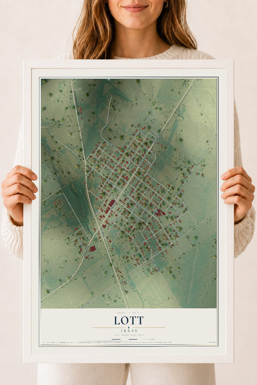 Map of Lott, Texas, 18 x 24 inch print in a white wood frame