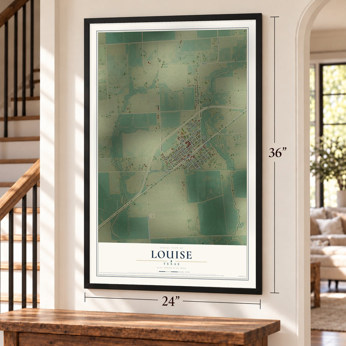 Louise, Texas map, 24 x 36 inch print in a black frame by a staircase