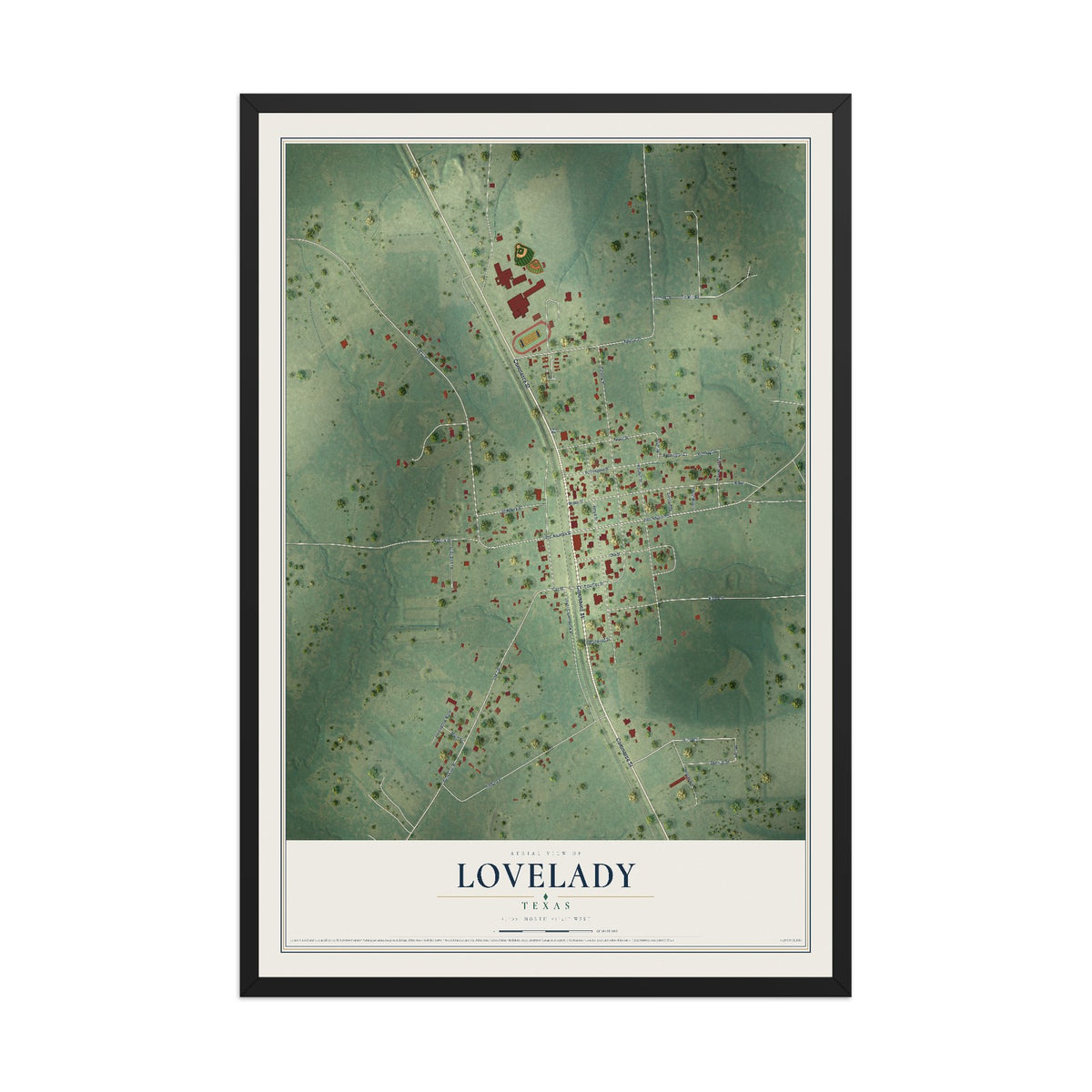 Map of Lovelady, Texas, 12 x 18 inch print in a black wood frame