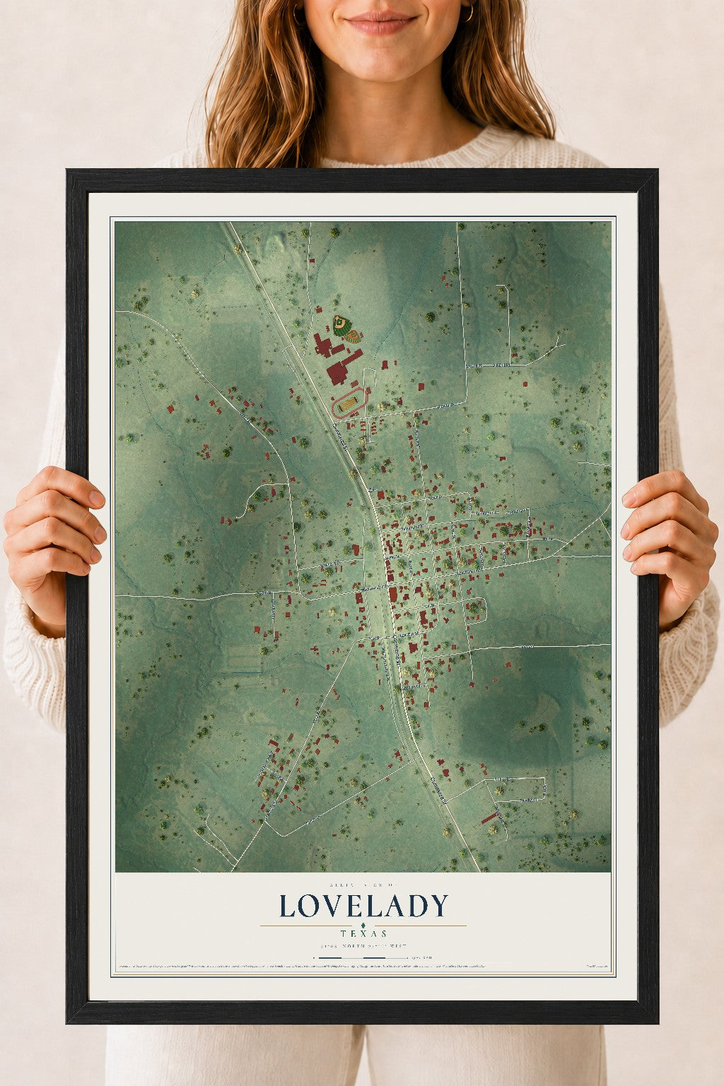Map of Lovelady, Texas, 18 x 24 inch print in a black wood frame