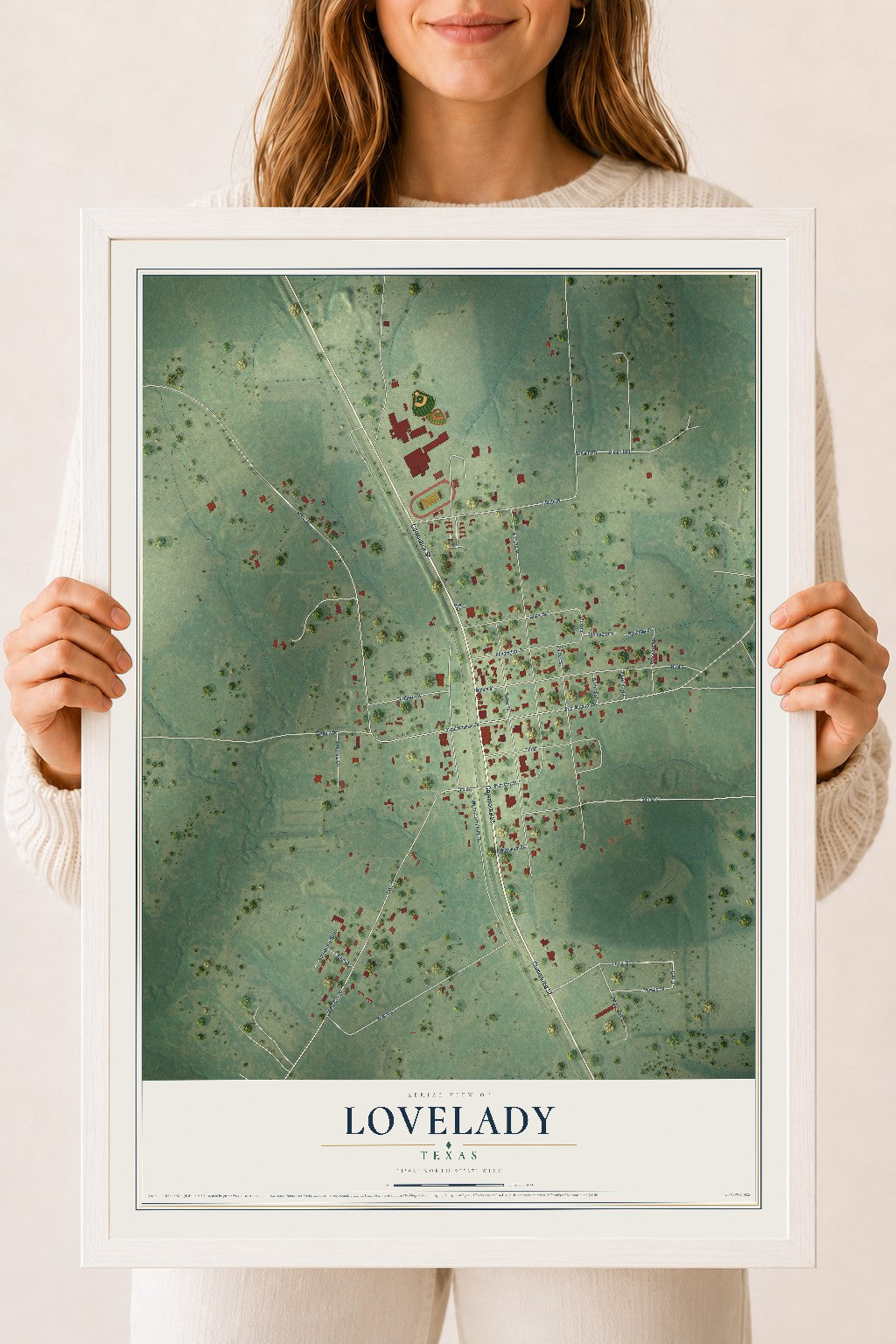 Map of Lovelady, Texas, 18 x 24 inch print in a white wood frame