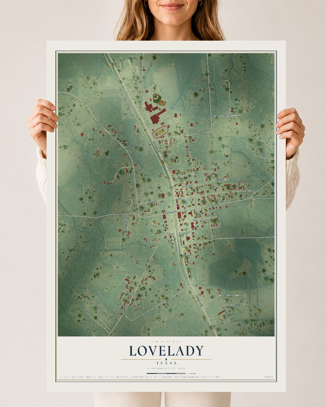 Map of Lovelady, Texas, 24 x 36 inch unframed archival matte print