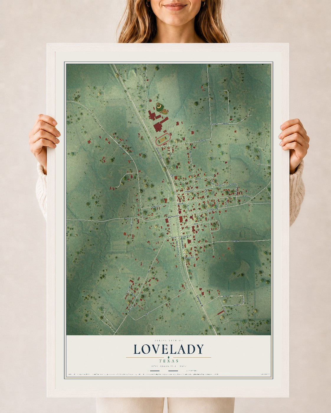 Map of Lovelady, Texas, 24 x 36 inch print in a white wood frame