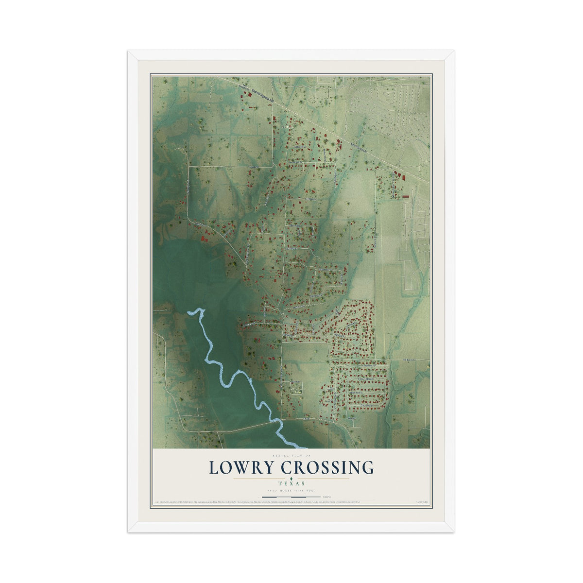 Map of Lowry Crossing, Texas, 12 x 18 inch print in a white wood frame