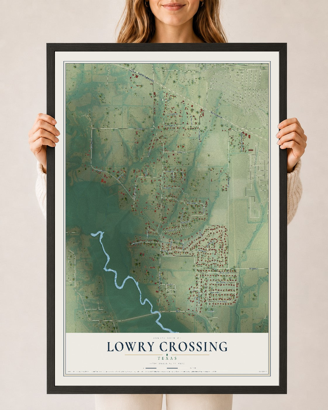 Map of Lowry Crossing, Texas, 24 x 36 inch print in a black wood frame