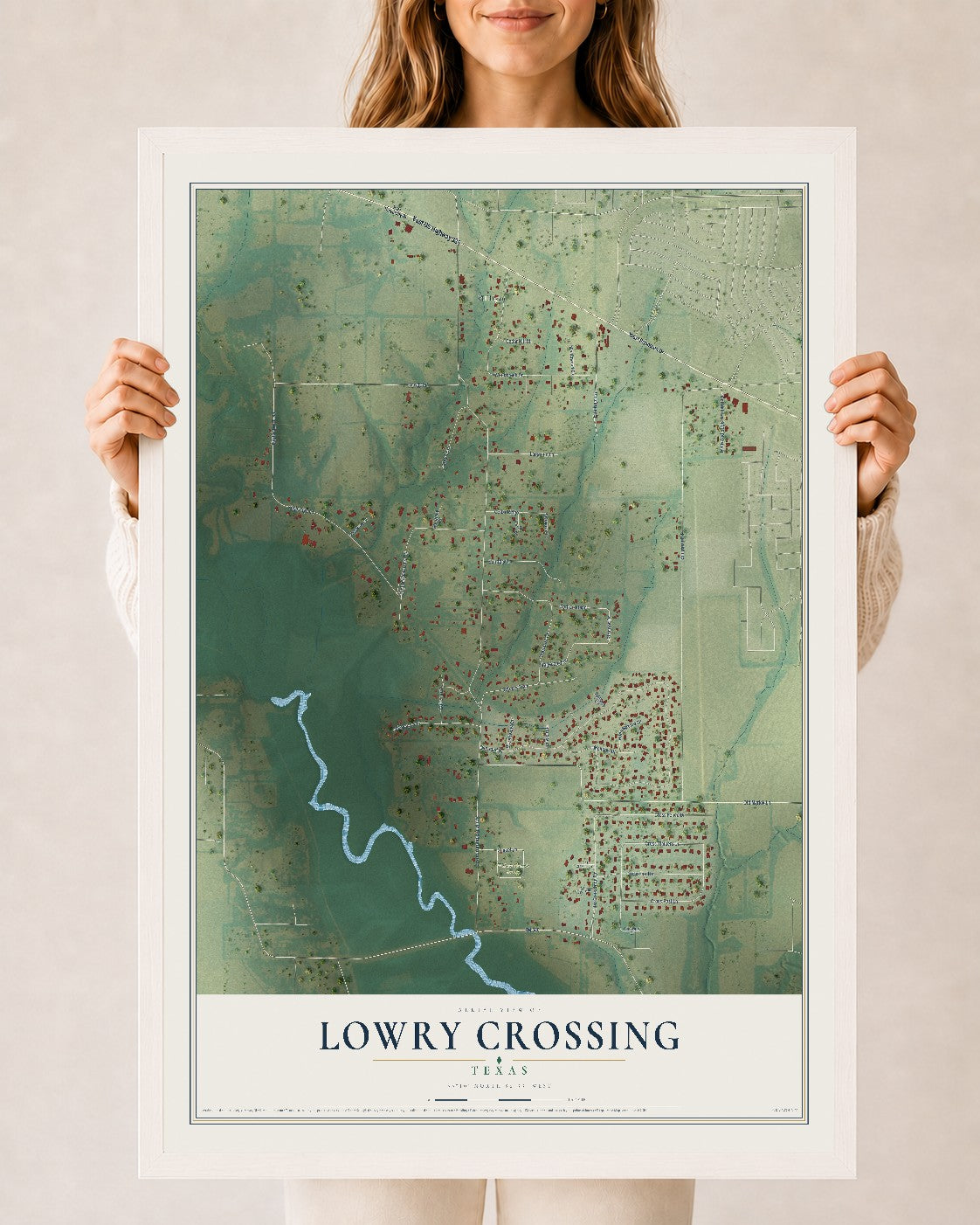 Map of Lowry Crossing, Texas, 24 x 36 inch print in a white wood frame
