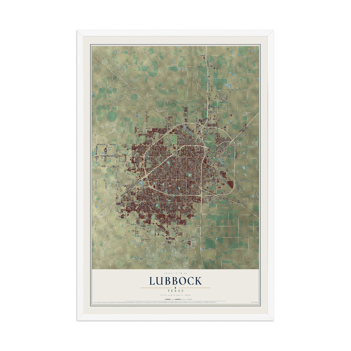 Map of Lubbock, Texas, 12 x 18 inch print in a white wood frame
